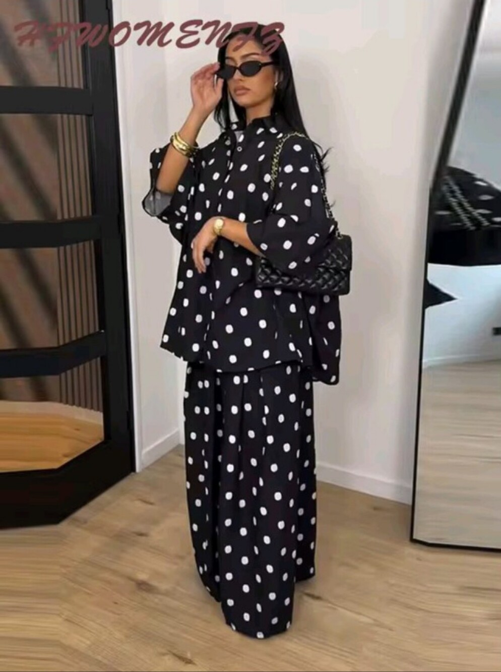 2026 Autumn Summer Polka Dot Shirt Pants Women's Set Elegant Lapel Three Quarter